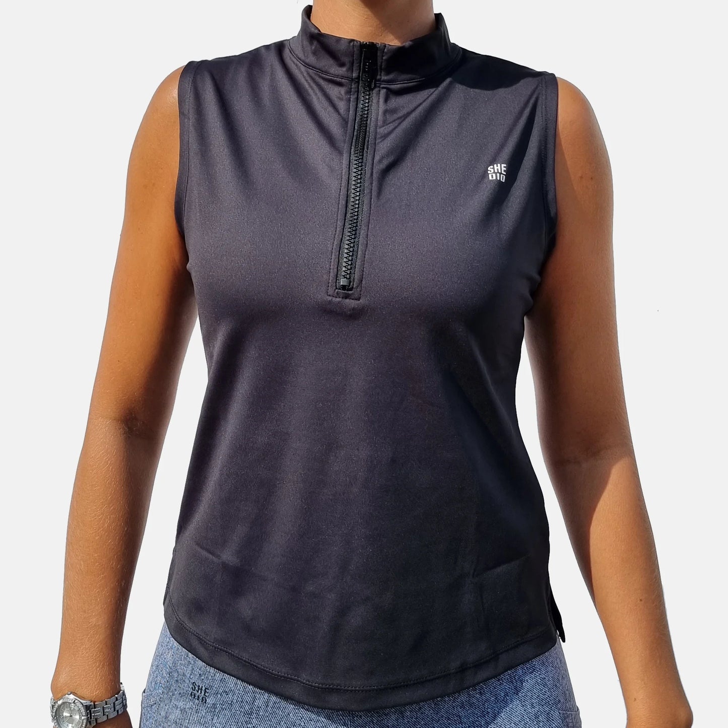 She Did Zip tank top black