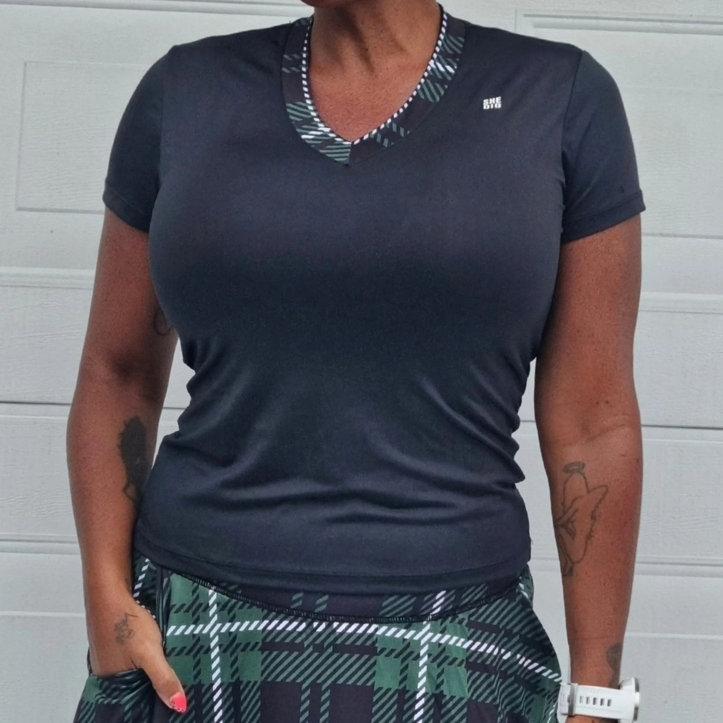 She Did T-shirt with V-neck green Tartan